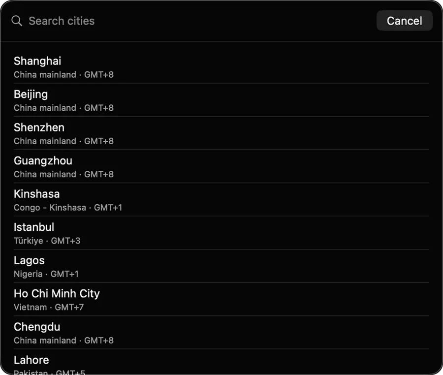 Simply Zone city search listing cities with their countries and offsets