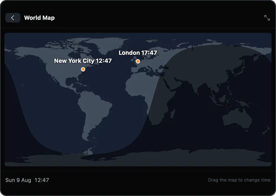 Simply Zone world map showing the daylight line and pinned cities
